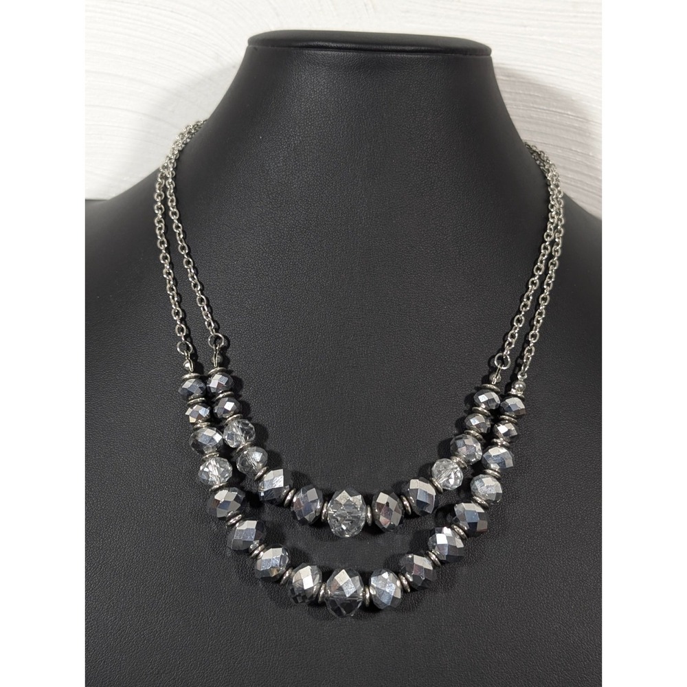 Gray Faceted Glass Bead layered Statement Necklace Elegant Evening 18 in